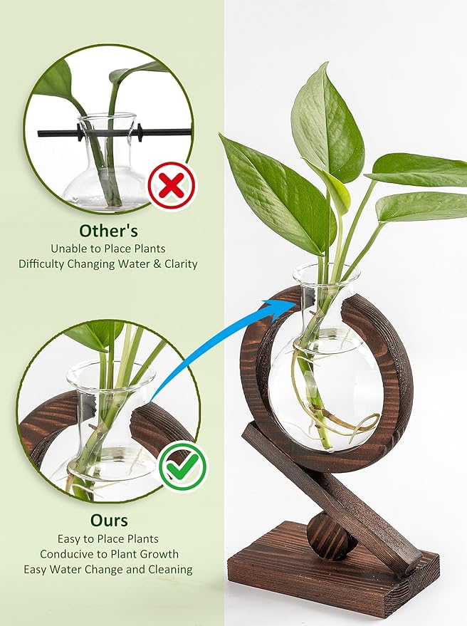 Glass Plant Propagation Station with Wooden Stand and Air Planter Bulb Vase, Birthday Gifts for Home Office Garden Boho Desk Decor (Light Burnt Wood)
