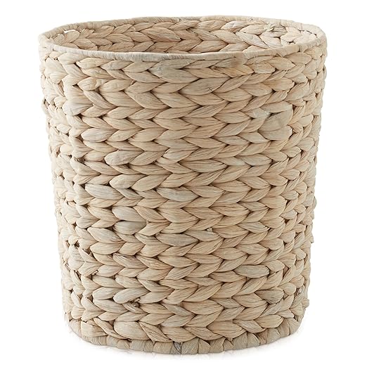 Casafield Water Hyacinth Waste Basket - Whitewash White, Woven Wicker Trash Can for Bathroom, Bedroom, Laundry Room, Home Office