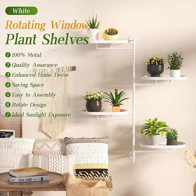 YQSLYSF Window Rotating Plant Stand Shelf Indoor White Metal Floating Shelves 4-Tier Wall Mount Plant hanger Holders for Wall Planter Modern Home Decor window sill gifts