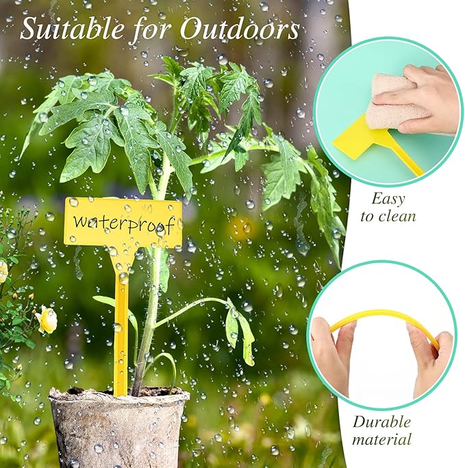 202 Pcs Large Plant Labels Kit, Include 100 Outdoor Plastic Plant T Type Tags Waterproof Reusable Plant Markers Stakes, 100 PET Films and 2 Marker Pens for Garden Herbs Flowers Pot (Yellow, 11.8 Inch)