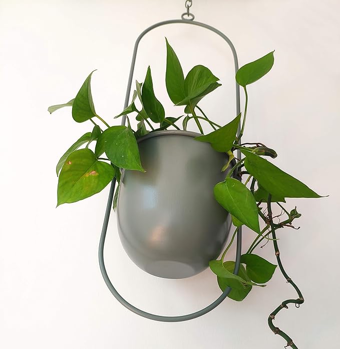 RISEON Boho Green Metal Plant Hanger,Metal Wall and Ceiling Hanging Planter, Modern Planter, Mid Century Flower Pot Plant Holder, Minimalist Planter for Indoor Outdoor Home Decor