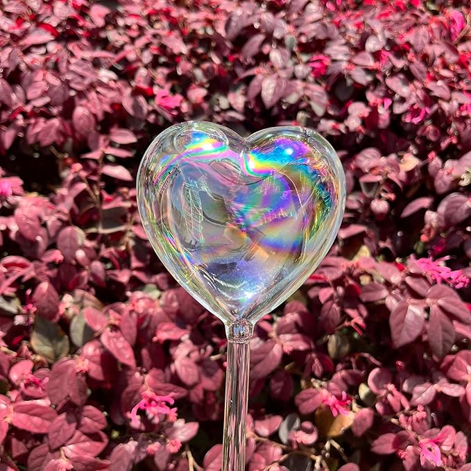 Kingbuy Self Watering Spikes Plant Watering Globes Iridescent Color Heart Shaped Glass Water Bulbs Devices for Plants, 2 Pack