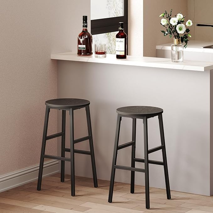 MAHANCRIS Bar Stools, Set of 2 Round Bar Chairs with Footrest, 24.4 Inch Kitchen Breakfast Bar Stools, Industrial Bar Stools, Easy Assembly, for Dining Room, Kitchen, Black BAHB0201
