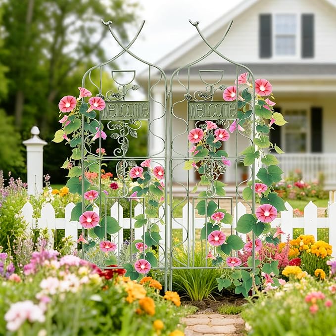 LZRS 2 Pack 59.5 * 18in Rustic Iron Arch Decoration Garden Trellis with Metal Coating – Perfect for Supporting Climbing Plants Outdoor, Roses, Vines, Flowers, and Vegetables, Antique Green
