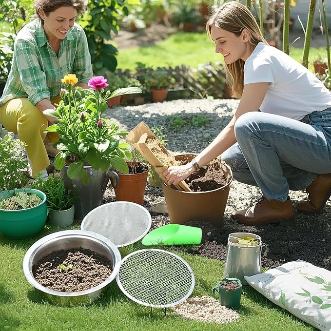 Soil Sieve Stainless Steel Riddle Sieve Set, 9.5" Diameter, Garden Sifter with 5 Filter Mesh Sizes 1,3,5,9,12mm and Bonsai Soil Scoops Gardening Tool