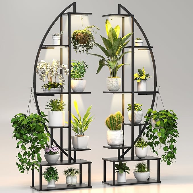 Plant Stand Shelf Indoor with 6 Grow Light, 7 Tiered 65" Tall Black Large Half Moon Lighted Plant Rack Holder, 2 Pack Big High Circular Arch Multi Herb Stand with Built in LED Grow Light Set