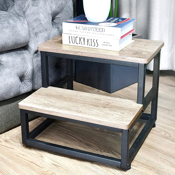 SZLHANJZ Step Stool, Wood and Metal Step for Adults Kids, Bedside Stepping Stool for High Bed with Round Corners, 2 Steps Foot Stool for Kitchen Bedroom, Load 500 LB, Beige