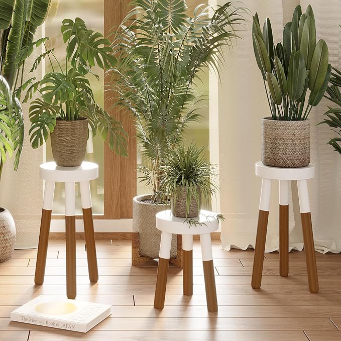 LitaEther 12" Reverse Dipped Wood Plant Stand, Wood Accent Stool,Side Table Set Bath Stool (20"+24" Tall)