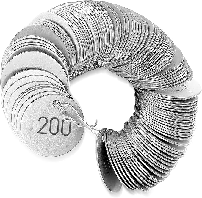 Round Tag 1-1/4 Inch Small Circle Metal Tags Number Options 001-050 Stamping Tag with Hole for Pets, Plants, Doors (200 Pieces)