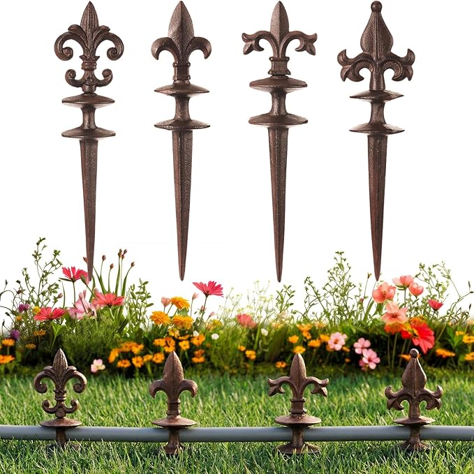 4 Pcs Antique Garden Hose Guide Spike, 13.7" Fleur De Lis Decorative Cast Iron Finial Stakes Heavy Duty Metal Plant Saver Tools Outdoor Hose Protection for Lawn Yard Patio(Rust,Assorted Styles)