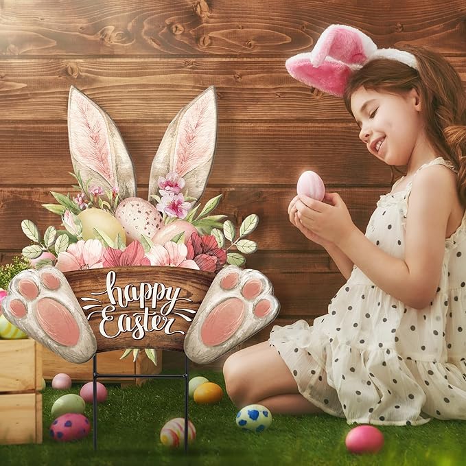 Amyhill Happy Easter Outdoor Decorations Bunny Metal Garden Stakes 25 Inch Welcome Yard Signs Easter Rabbit Egg Decor Outdoor Decorative Garden Stakes Spring Decorations Patio Lawn Walkway