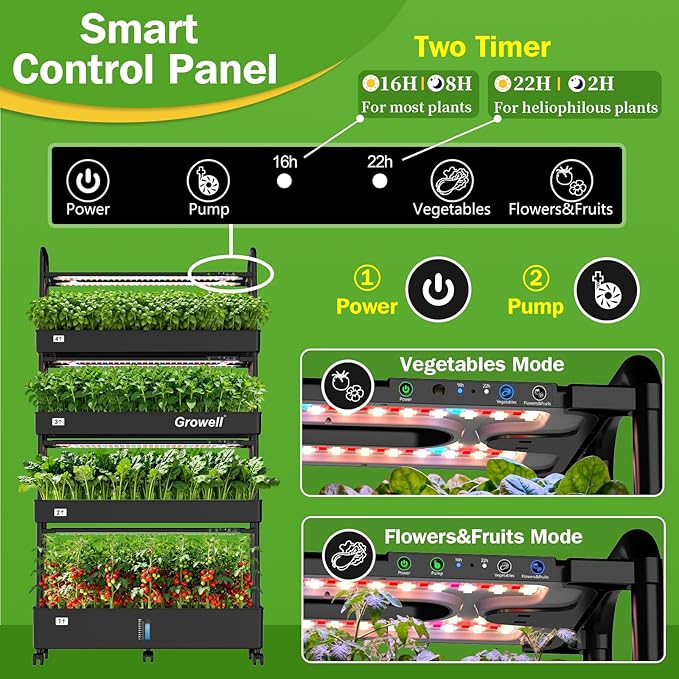 Growell Large Hydroponics Growing System Kit, 120 Pods Vertical Indoor Herb Garden Kit with 2 Light Modes & Auto Circulating Water System, 48L Movable Indoor Gardening System for Herb Vegetable Fruit