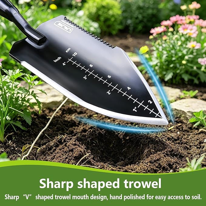 Heavy Duty Garden Trowel, Stainless Steel Pointed Hand Shovel with Non‑Slip Rubber Handle, Ideal for Digging, Weeding, Transplanting, Planting Bulbs & Soil Scooping