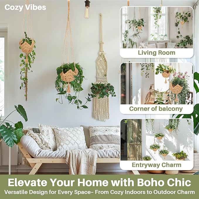 RAINFLOW Macrame Plant Hangers Indoor - 2 Packs Hanging Planters for Indoor Plants Boho Plant Hangers Hanging Plant Holder for Boho Home Decor Made of Jute with 2 Hooks