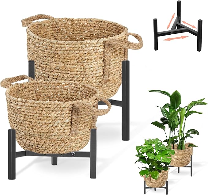 Boho Rattan Woven Stand Planter for Indoor Plant, Outdoor Tall Flower Seagrass Wicker Basket Pot Holders with Adjustable Metal Shelf(Brown)