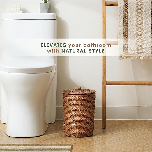 84ECO Brown Wicker Trash Can with Lid and Liner - Rattan Trash Can
