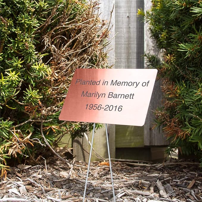 Outdoor Metal Garden Sign, Label, or Memorial. 4 x 2" or 6 x 4" sign with rounded corners and a 10" stake. Materials Include: Stainless Steel, Brass, Copper, Bronze and Titanium. (Copper, 4 x 6")
