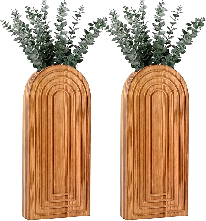 Set of 2 Wooden Wall-Mounted Vases for Dried Flowers, Boho Hanging Planters with Invisible Nails, Modern Farmhouse Home Decor for Living Room, Bedroom, Entryway, Bathroom