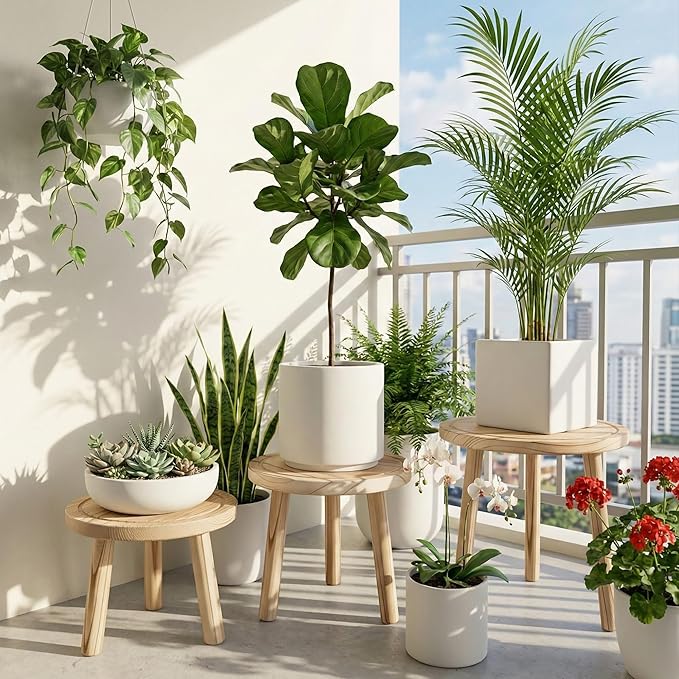 Wood Plant Stands Indoor, 3-Pack Single Plant Stand for 6-12 Inch Pots, Mid-Century Modern Plant Stool, Tall Wooden Plant Stand for Large Plants Perfect Fit for Living Room, Balcony, Office(Light Brown)