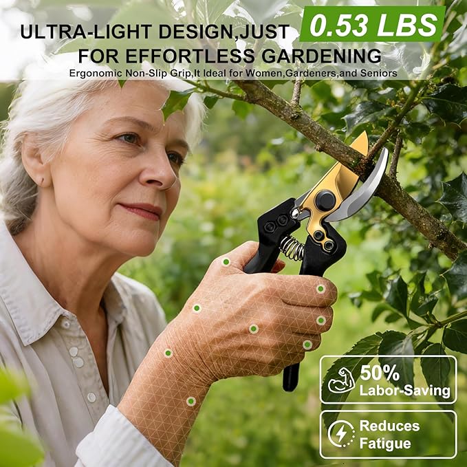 Pruning Shears, Sharp Clean Cut SK5 Steel 8" Garden Clippers with Teflon Blade, Bypass Hand Pruners, Ergonomic Non-Slip Grip for Roses, Shrubs & Plants