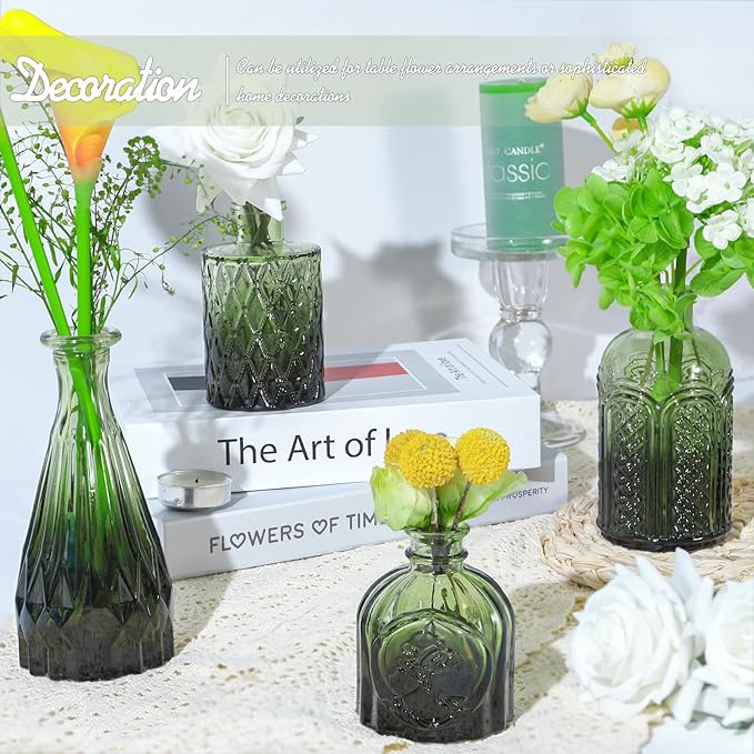 TBWIND Glass Bud Vase Set of 24, Small Green Flower Vases for Centerpieces in Bulk, Mini Vintage Vase for Wedding Decor, and Home Table Décor