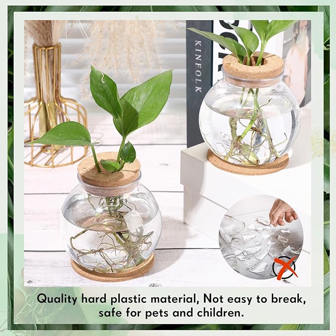 Baderke 2 Packs Propagation Vases for Plants Plastic Plant Propagation Station with Hole Lid and Cork Coasters Plant Growing in Water Hydroponic Home Office Table Decoration(Fish Bowl Style)