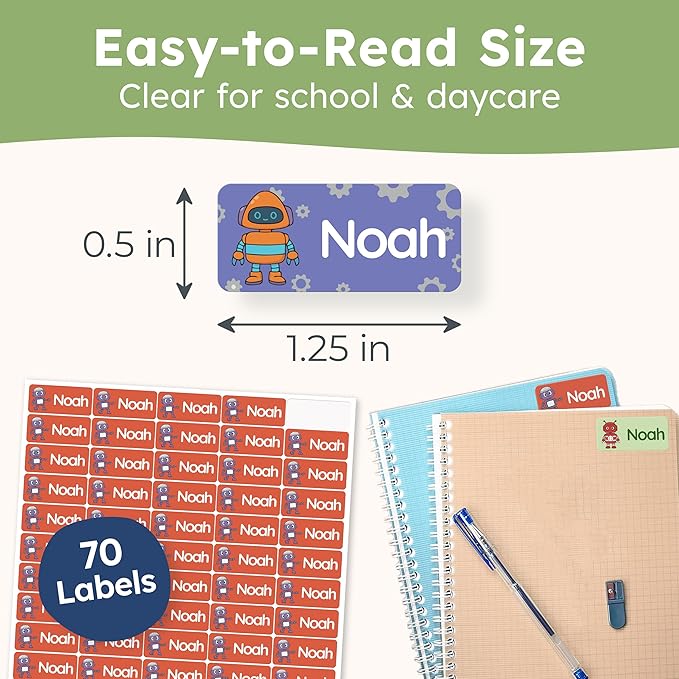 Personalized Name Labels for Kids (70 Labels) - Durable & Waterproof Custom Name Stickers for Clothing Tags, School Supplies, Camp & Daycare - Robots (1.2”x0.5”)