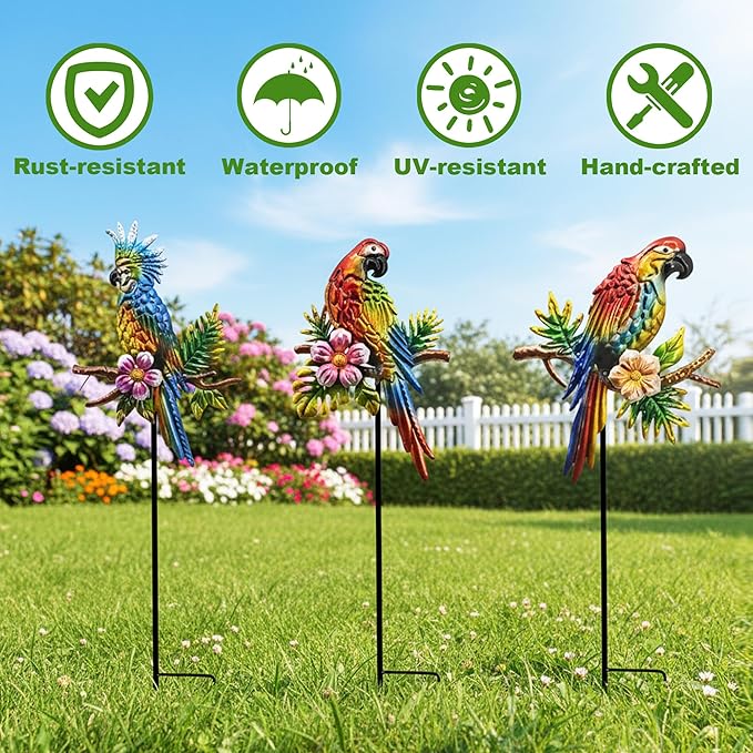 Tropical Parrot Garden Stakes, Metal Outdoor Decorative Lawn Ornaments with Flowers, 3 Pack Colorful Bird Yard Art Decor