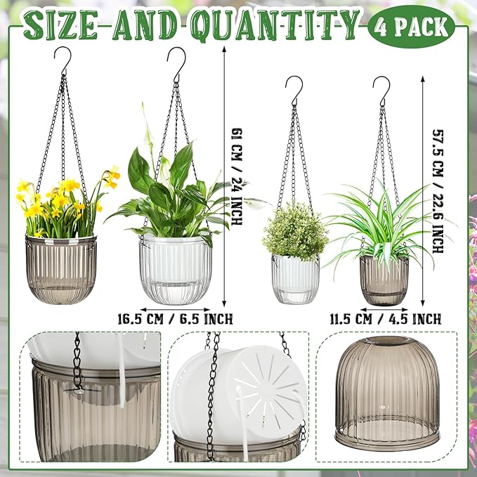 Maxcheck 4 Pcs Self Watering Hanging Planters Indoor Gift 6.5'' 4.5'' Hanging Flower Pots Baskets Outdoor Self Watering Plant with 3hooks Drainage Holes for Home