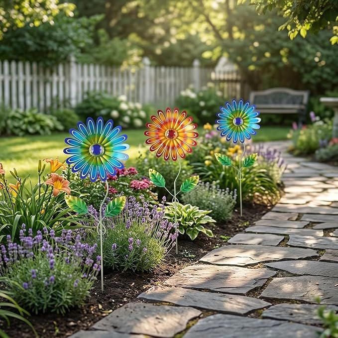 Metal Flower Garden Stakes 3 Pcs, Weatherproof Rust Resistant Yard Art for Outdoor Patio Lawn Pathway Decorations