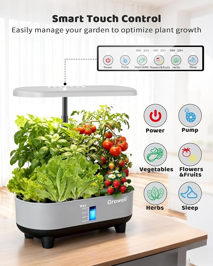 Growell Hydroponics Growing System Kit, 16 Pods, Vertical 8L Indoor Gardening System for Herb Vegetable Fruit, Hydro Garden with LED Grow Light, Smart Water Circulation, 3 Light Modes & 2 Timer, Gray