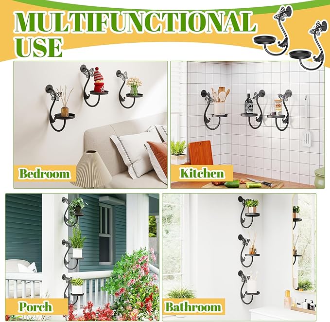 Wall Plant Holder Indoor, Metal Hanging Planters Hanger Floating Flower Display Stand for Window, Plant Shelves Hanging Plant Holder Window Plant Hanger Plant Decor Black (Butterfly-3Pc)