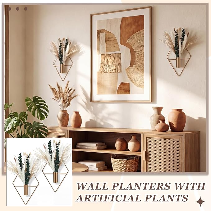 Canlierr 4 Pcs Antique Bronze Wall Decor Hanging Planters with Artificial Plants Eucalyptus Pampas Grass Metal Hanging Vase Indoor Plants Holder Modern Boho Wall Art for Bathroom Bedroom Living Room