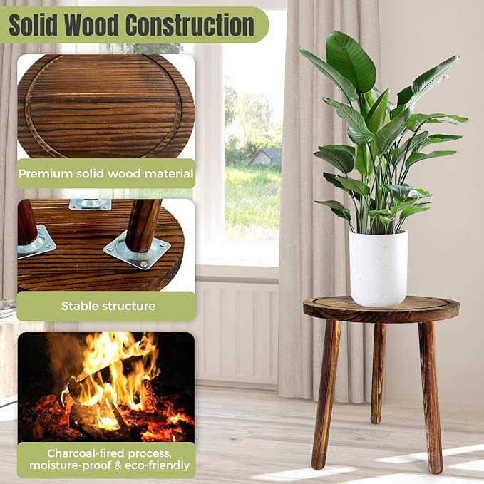 Janedream 3-Pack Wooden Plant Stands, Indoor Small Plant Stool Set, Multi-Purpose Single Plant Table for Living Room, Balcony, Office & Corner Display