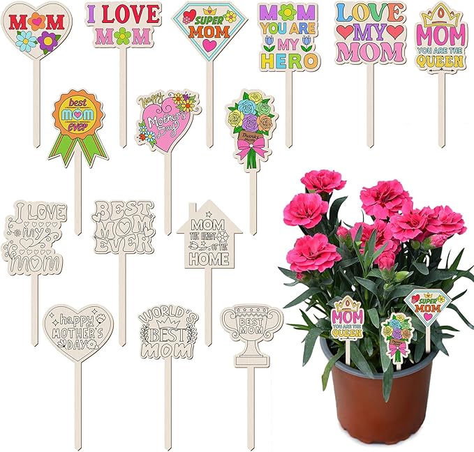 DoubleFill 15 Pcs Mother's Day Crafts Mom Plant Stakes Craft Kits Color Your Own Best Mom Plant Labels Gift DIY Unfinished Cutouts Present Tags for Mother's Day, Gardeners, Funny Gardening Gifts
