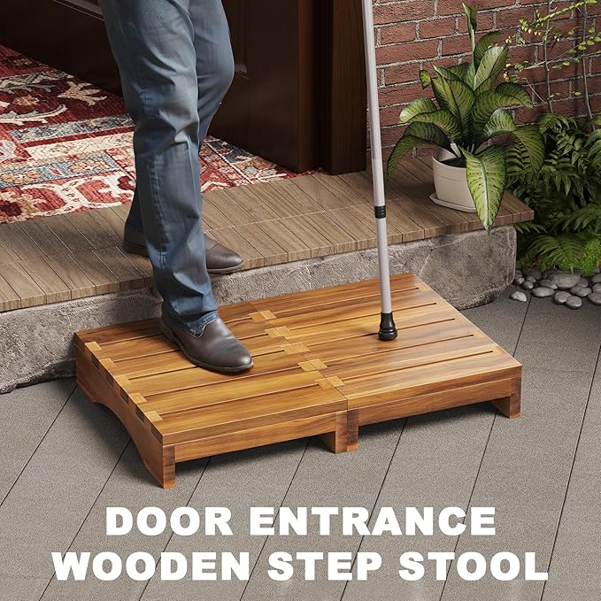Acacia Wood Platform Step Stool, 3.5" Height Wooden Steps for Outdoor Use, Bed One Step Platform for Adults/Elderly, Non-Slip Prefab Porch Steps for Outside