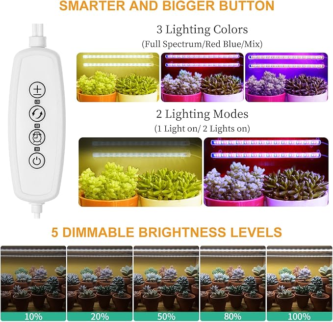 Mosthink Grow Lights for Indoor Plants Full Spectrum, Grow Light Strips with Auto Timer 3/6/12 H, Plant Lights with Red Blue White LEDs, 3 Lighting Modes,5 Dimmable Levels, 2 Packs,Updated Controller
