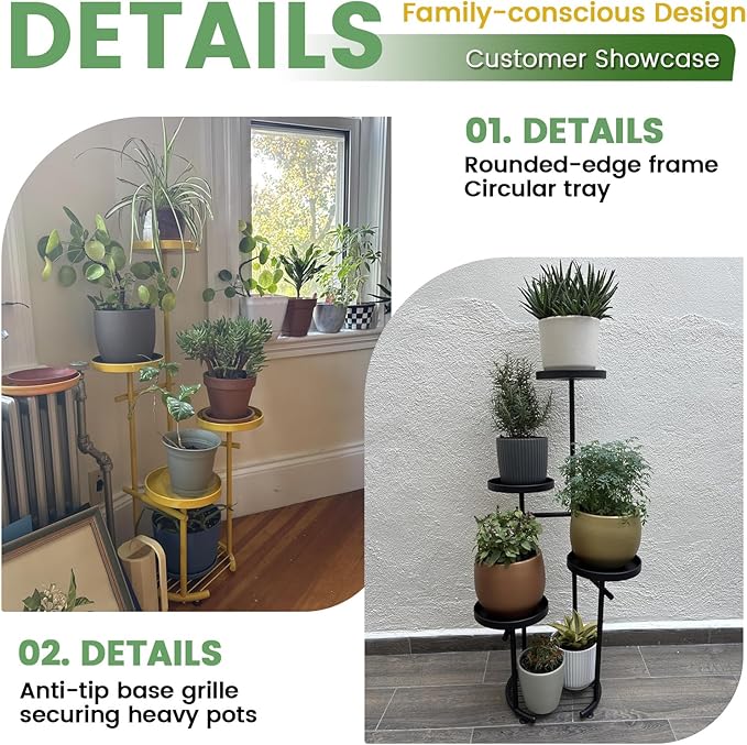 TOSKING 5-Tier Metal Plant Stand, Anti-Tip Round Base for Pots, Child & Pet Friendly, Space Saving Corner Shelf Flower Pot for Indoor Outdoor Use, Living Room Balcony Garden Patio Bedroom (Yellow, 38in)