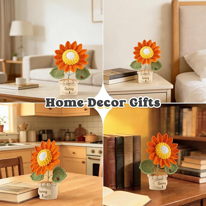 Crochet Flowers with Personalized Leather Name Tag Handmade Knitted Flowers for Home Office Desk Decor Crochet Sunflower Potted Plant for Women,Mother,Teachers, Birthday Crochet Gifts(Orange)