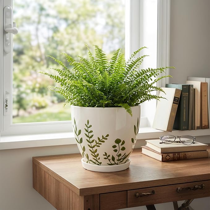 MPotTo Ceramic Pot for Plants 8.2 Inch - Indoor Plant Pot with Drainage Hole and Saucer, Decorative Boho Round Outdoor Planter, Gardening Gifts for Women Men, Room Patio Office Home Decor, White