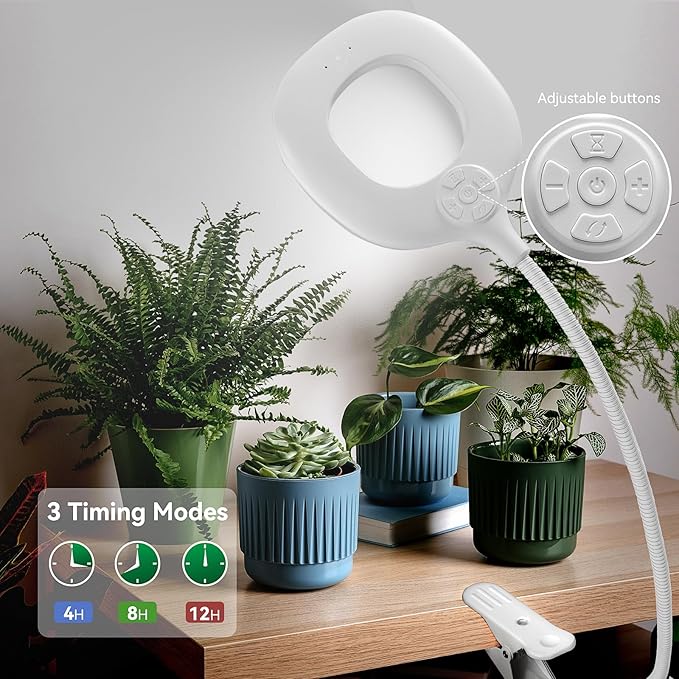 Grow Lights for Indoor Plants, Clip-on Full Spectrum Grow Lamp, Red Blue White Plant Light with 4/8/12H Timer, 10 Level Dimmable for Small Plants Succulents Seedlings, 2 Packs