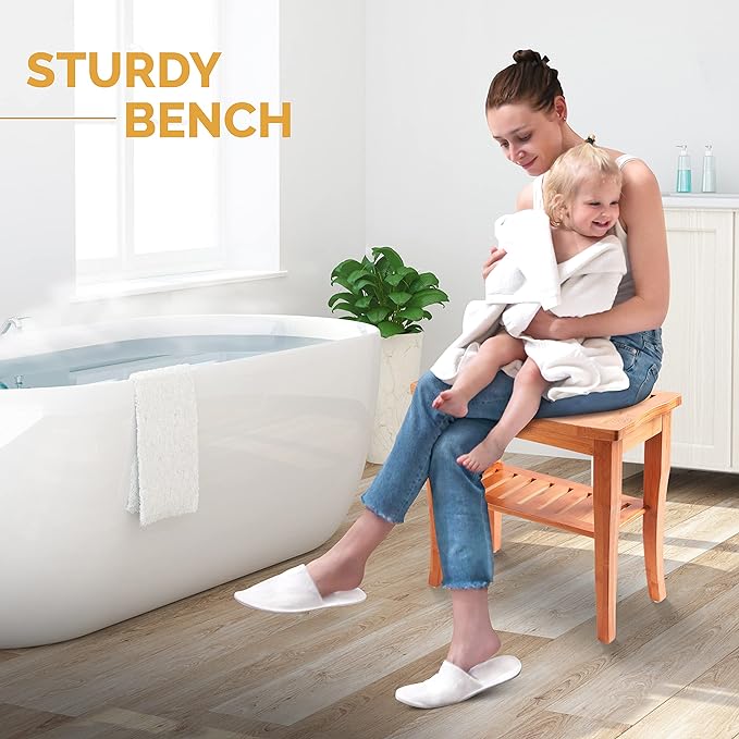 Bamboo Shower Bench - Small Wooden Shower Stool with Storage Shelf, Non-Slip Bathroom Seat, Spa Decor Bath Bench, Foot Rest Shaving Stool for Shower, Indoor Outdoor Use, Great Gift Idea (17" x 9 x 17)