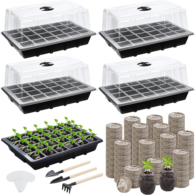 Hahood 4 Sets Seed Starter Tray Kit Germination Starter Tray with Humidity Dome and Base Include 100 Peat Pellets 100 Plant Labels Garden Tools Plastic Plant Growing Trays for Greenhouse Garden, Black