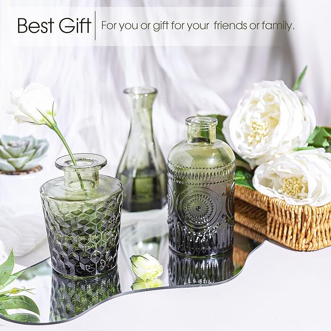 TBWIND 12pcs Green Glass Bud Vases Set, Small Vases for Flowers, Bud Vase for Centerpieces in Bulk, Mini Vintage Vase for Wedding Decorations, Office and Home Table Flower Décor