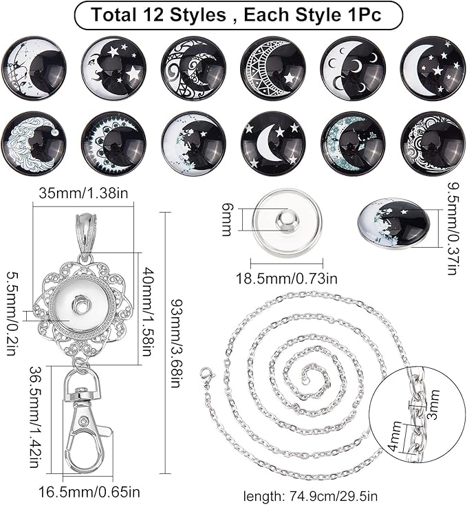 SUNNYCLUE 1 Box 12 Styles Snap Button Lanyard Moon Star Planet ID Badge Necklace Cute Gothic Style Black White Badges Holder Breakaway Stainless Steel Lanyard Chain for Holders Keys Men Women