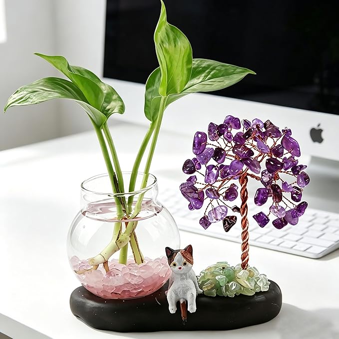 Plant Propagation Station, Amethyst Tree Hydroponic Glass Container Vase Jars with Cute Cat Figurine, Home Office Desks Aesthetic Decorations, Gift for Women Plant Lovers and Cat Lover