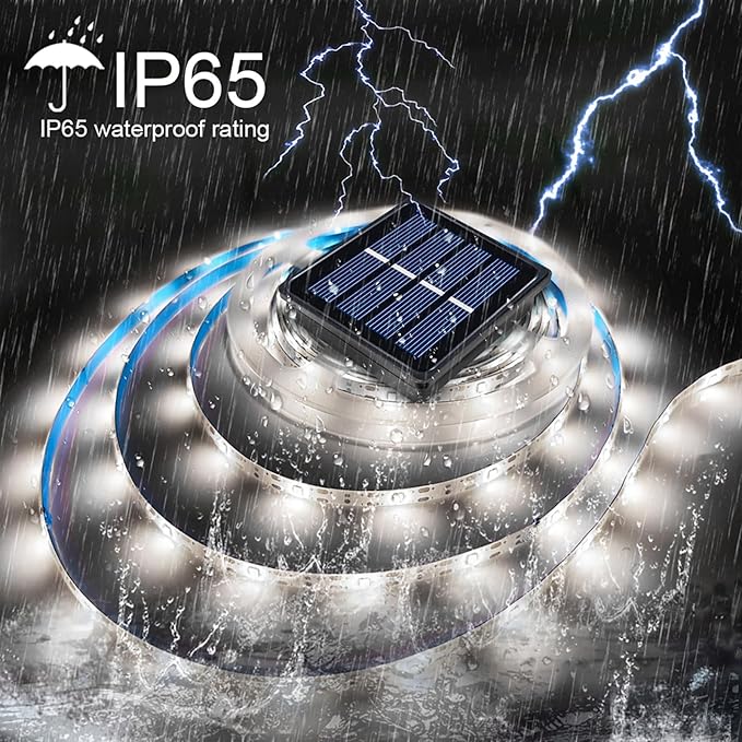 Solar LED Strip Lights Outdoor Waterproof 19.6FT 180 LED Solar Powered Rope Light Cuttable 8 Modes for Outside, Garden, Patio, Deck, Fence, Pathway, Stair, Poolside, 6000K White 2 Pack