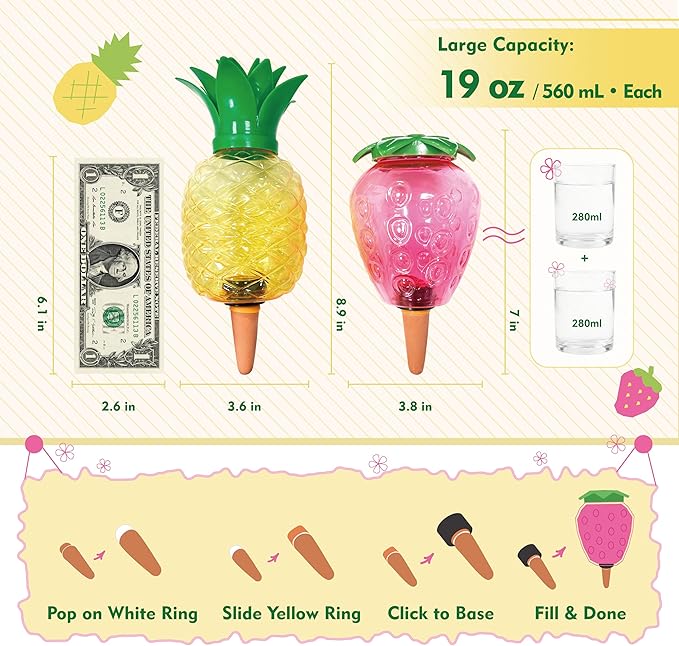 Extra Large Plant Watering Globes for Plants - 19oz Plant Watering Devices, Vacation Self Watering Globes with Slow Release, Indoor Plant Watering Bulbs, Plastic, 2-Pack(1 Pineapple & 1 Strawberry)