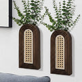 Dnnnii 2 Pack Wooden Wall Vase Set - Dark Brown Finish Hollow Rattan Modern Farmhouse & Boho Wall Decor for Entryway, Hallway, Bathroom, Living Room, Dining Room, Narrow Spaces