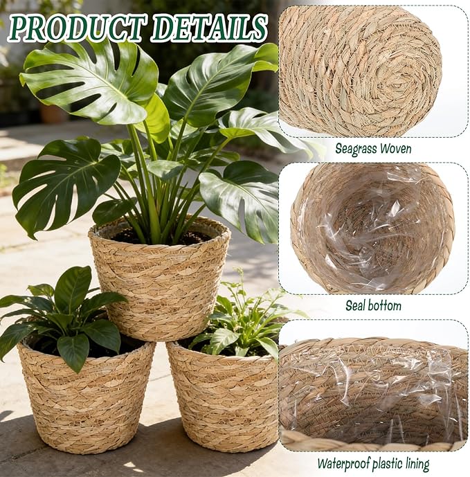 6 Pack Seagrass Planter Basket for Indoor Plants, 7 Inch Woven Plant Pot Cover with Leak-Proof Liner, Rustic Boho Flower Container for Home Decor, Organizing, and Concealing Nursery Pots